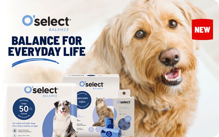O&rsquo;Select Balance pet products displayed beside a fluffy dog with the message &ldquo;Balance for Everyday Life&rdquo; and a &ldquo;New&rdquo; label.