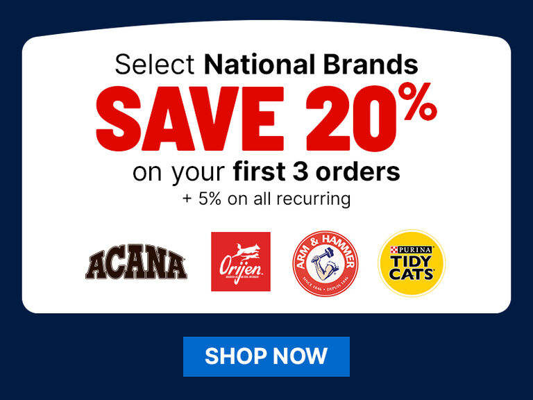 Banner offering &ldquo;Save 20% on first 3 orders&rdquo; for select national brands, with logos and a &ldquo;Shop Now&rdquo; button.