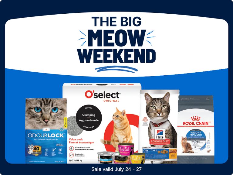 The Big Meow Weekend promotion featuring cat products, including O'Select clumping cat litter, Hill's Science Diet cat food, Royal Canin cat food, OdourLock litter, and Tiki Cat food. Sale valid July 24&ndash;27.