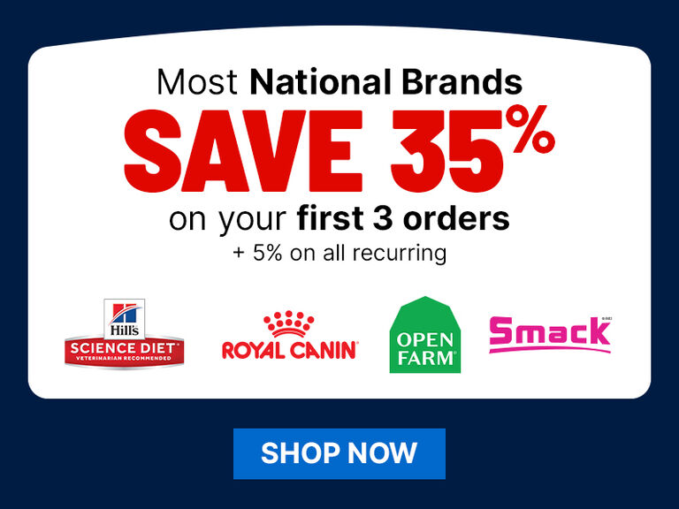 Banner offering &ldquo;Save 35% on first 3 orders&rdquo; for select national brands, with logos and a &ldquo;Shop Now&rdquo; button.