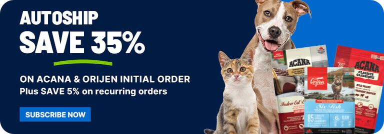 Autoship pet food ad showing dog, cat, and ACANA/Orijen products with &ldquo;Save 35%&rdquo; and &ldquo;Subscribe Now&rdquo; text.