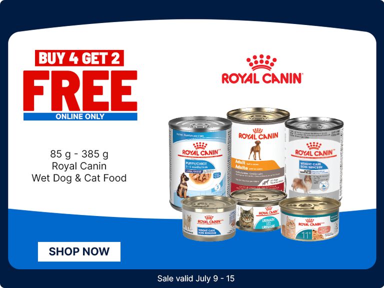 Royal Canin wet dog and cat food promotion: Buy 4, Get 2 Free (online only) on 85 g&ndash;385 g cans and trays. Shop Now. Sale valid July 9&ndash;15.