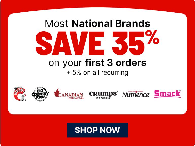 Banner offering &ldquo;Save 35% on first 3 orders&rdquo; for select national brands, with logos and a &ldquo;Shop Now&rdquo; button.