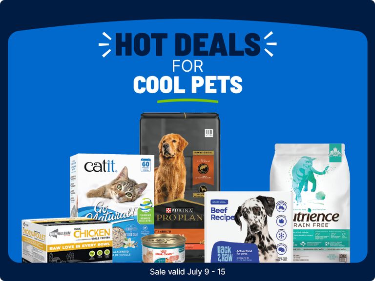 Hot Deals for Cool Pets sale featuring cat litter, dog and cat food, and pet supplies from multiple brands. Sale valid July 9&ndash;15.