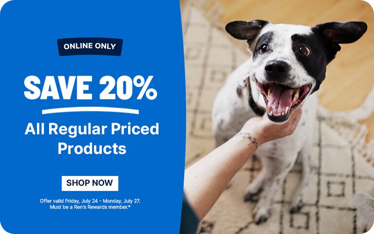 Online-only 20% off sale banner featuring a dog and savings on regular-priced products for Ren's Rewards members.