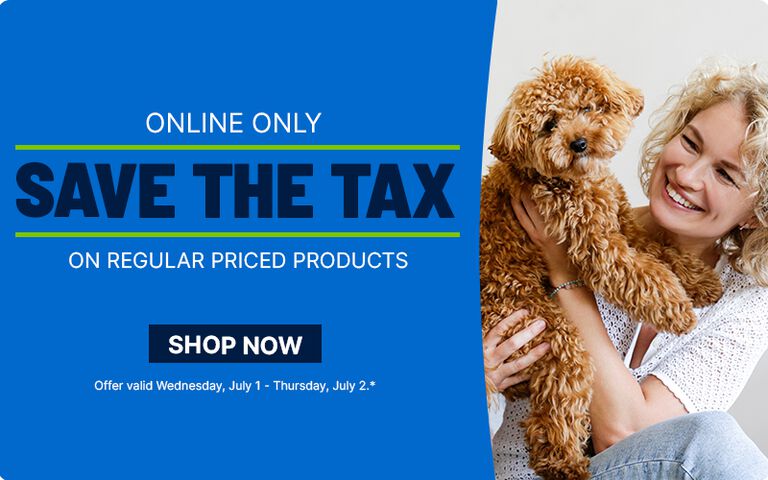Online-only &ldquo;save the tax&rdquo; sale banner with a &ldquo;Shop Now&rdquo; button and a person holding a small curly brown dog.