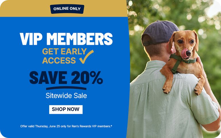 Banner ad showing &ldquo;VIP Members Save 20%&rdquo; with a shop button, alongside a person holding a small dog outdoors.