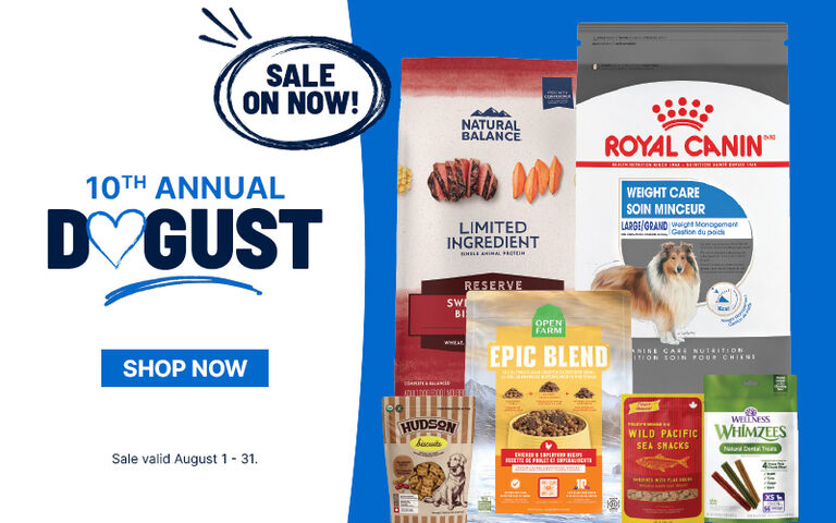Promotional Dogust sale banner featuring discounted dog food and treats from Natural Balance, Open Farm, Hudson, Wild Pacific, Wellness Whimzees, and Royal Canin. Text reads &ldquo;10th Annual Dogust,&rdquo; &ldquo;Sale On Now!&rdquo; and &ldquo;Shop Now,&rdquo; with sale dates August 1&ndash;31.