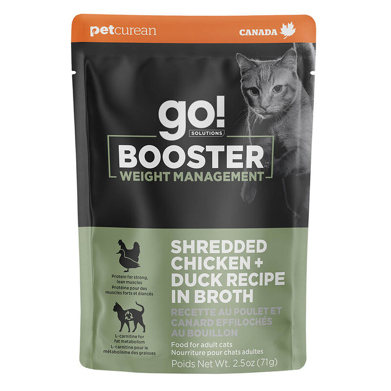 GO! SOLUTIONS,  BOOSTER Weight Management Shredded Chicken + Duck in broth - 71 g - Wet Cat Food image number null