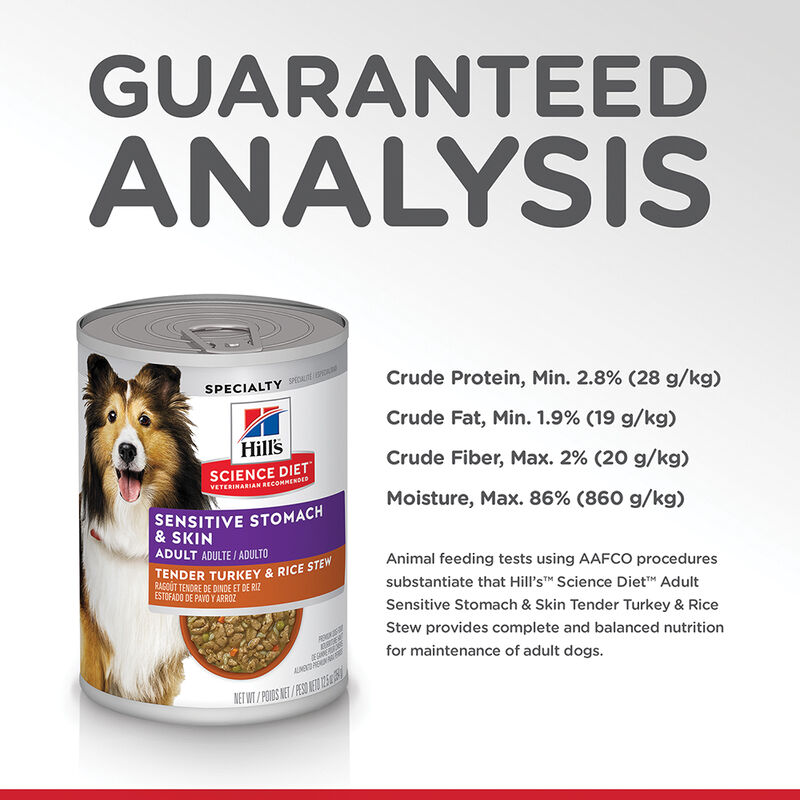 Science Diet, Adult Sensitive Stomach & Skin Tender Turkey & Rice Stew Canned Dog Food, 363 g - Wet  image number null