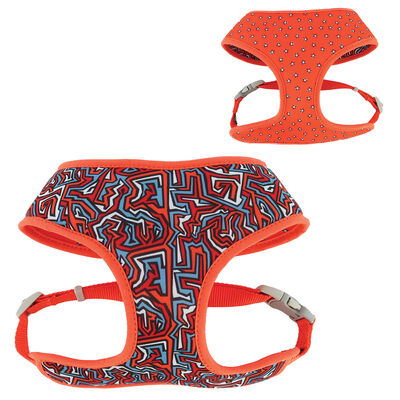 Reversible Dog Harness, Red Blue Graffiti with Red Stars, SML - 3/4" x 19" - 23"