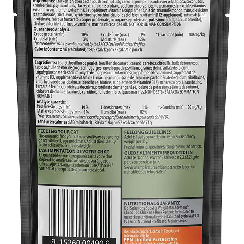 GO! SOLUTIONS,  BOOSTER Weight Management Shredded Chicken + Duck in broth - 71 g - Wet Cat Food image number null