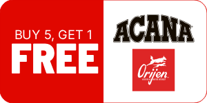 Promotional graphic for Acana & Orijen featuring a &ldquo;Buy 5, Get 1 Free&rdquo; offer.