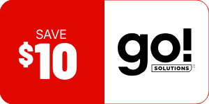 Promotional graphic for GO! Solutions featuring a &ldquo;Save $10&rdquo; offer.
